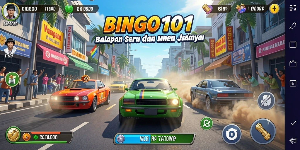 Tangkapan layar utama BINGO101 menampilkan balapan seru di trek menantang dengan kendaraan cepat.
